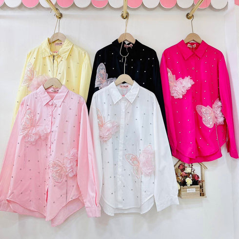 Korean Style Crystal and Floral Embedded Long Sleeves Shirts